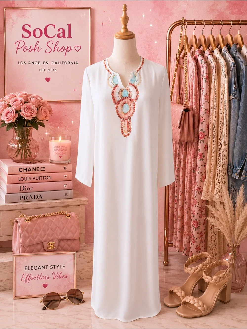 White Embellished Kaftan Dress with Beaded Neckline Medium - Picture 1 of 3